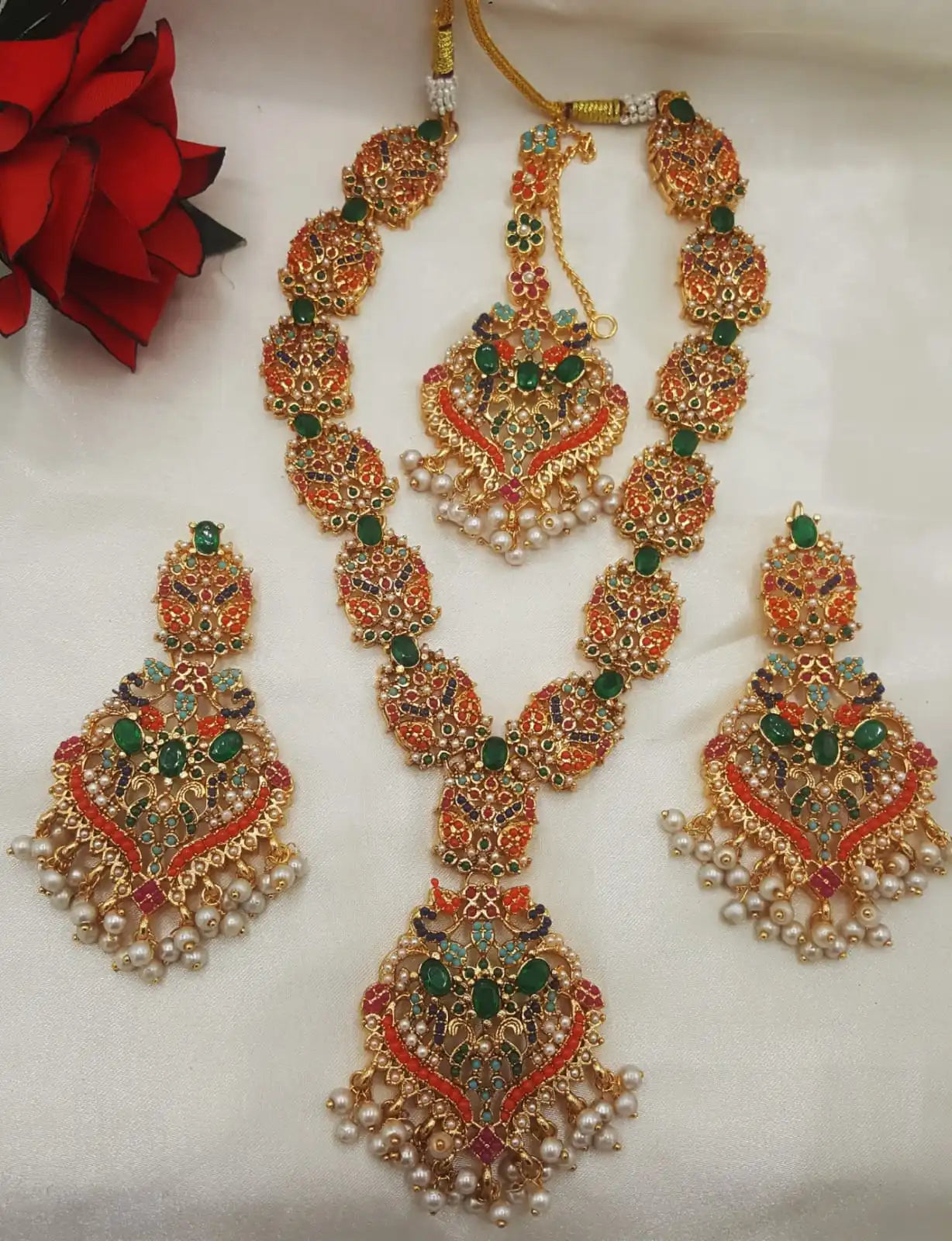 Beautiful Bridal   Green And Multi Colour Necklace, Earrings And Tika